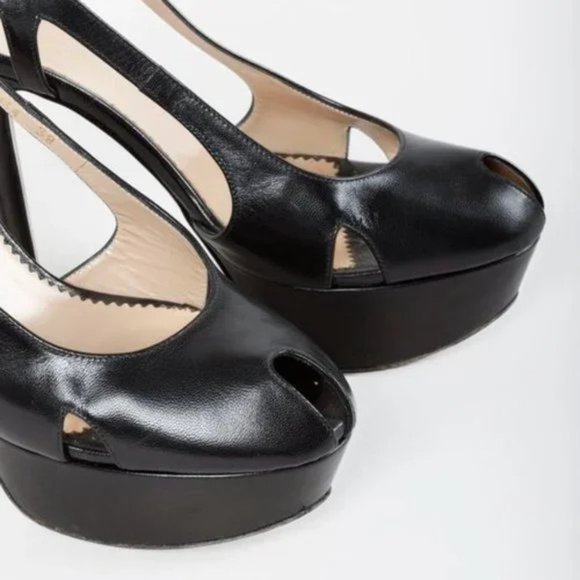 Emporio Armani Black Leather Platform Peep Toe Heels - Picture 5 of 10